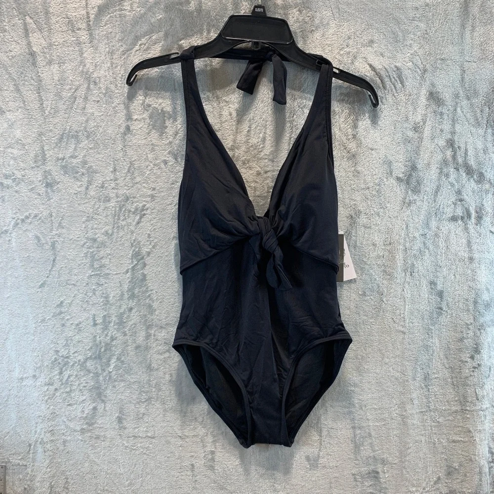 Vince Camuto Womens Black Halter Tie Front Knot One Piece Swimsuit V91710 New 10